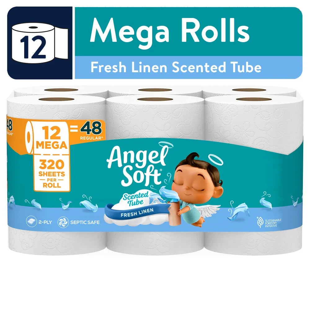 Angel Soft Fresh Linen Scented Toilet Paper — 12 Mega Rolls (320 Sheets Each)